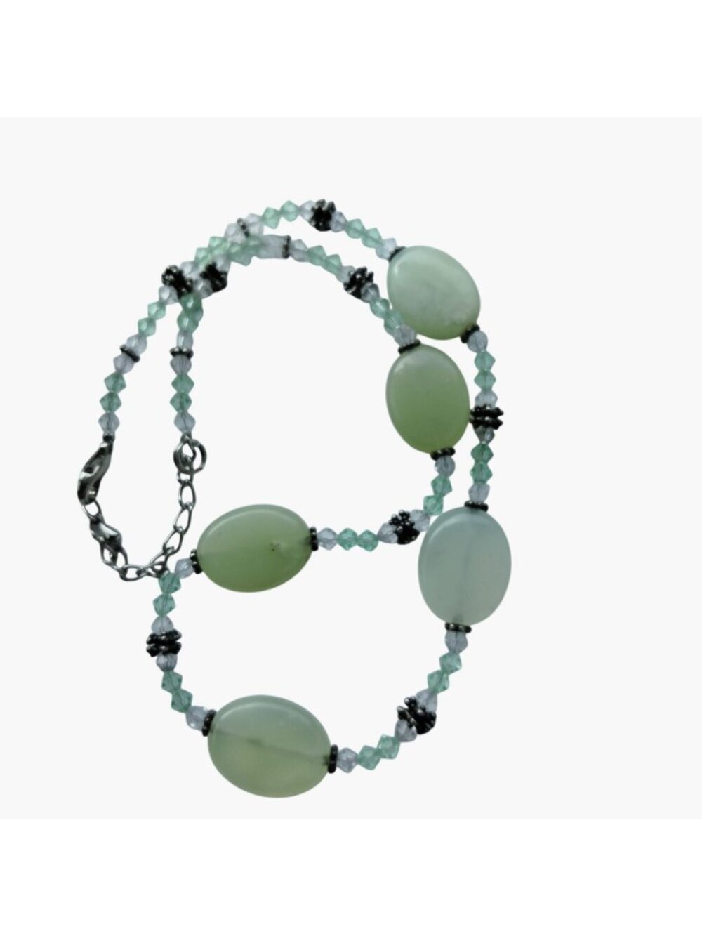 Green Beaded Necklace With Oval Stones & Silver Accents Adjustable 16"-18" Lobst